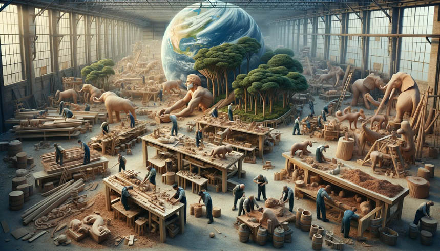 地球製作工房で木々や動物などの生命が製作されている様子