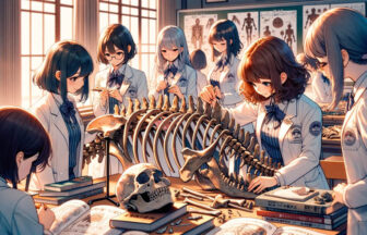古生物学の授業で恐竜の骨格を組み立てる理系女子のグループワーク