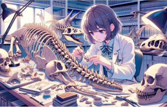 古生物学の授業で恐竜の骨格を組み立てる理系女子