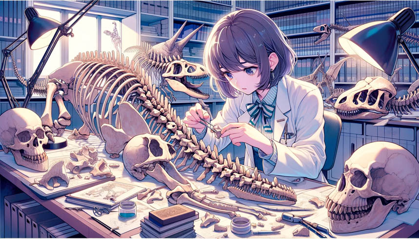 古生物学の授業で恐竜の骨格を組み立てる理系女子