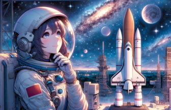 宇宙服を着た理系女子が、模型のロケットとともに星空を見上げる