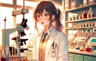 実験室での失敗に直面し、困惑する表情を浮かべる理系女子