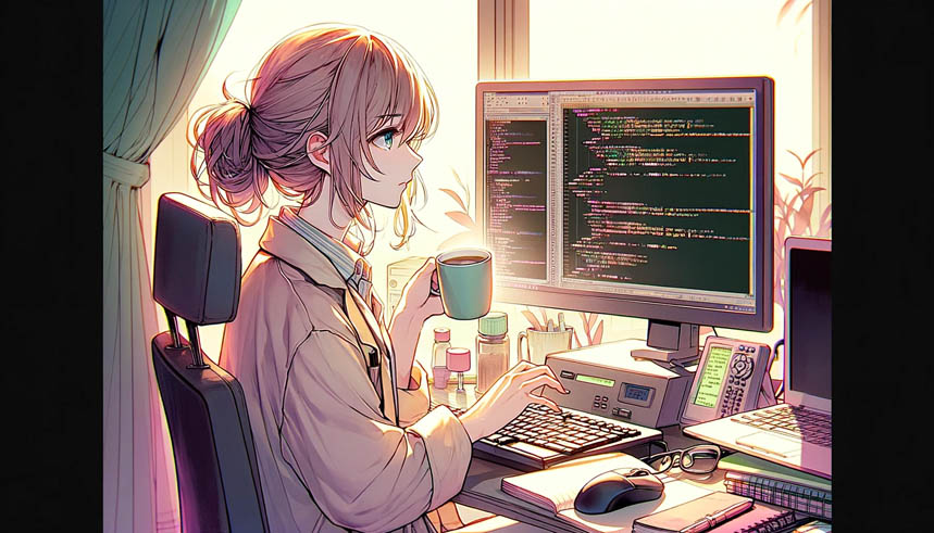 コンピューターコードを書きながら、コーヒーカップを手に持つ理系女子
