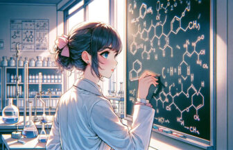 実験室で複雑な化学式を黒板に書き込むシーン